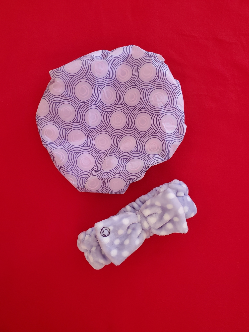 NEW Women's Purple & Pink Shower Cap & Headband Set - Soft Polka Dot Design